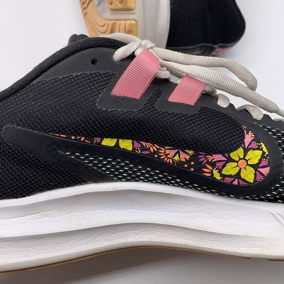 Nike Downshifter 9 Running Athletic Shoes Black Pink Yellow Floral Swoosh Size 9 - Picture 7 of 11